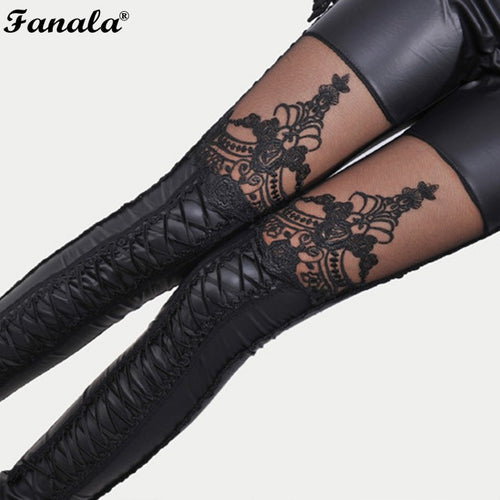 Women Synthetic Leather Stitching Embroidery  Leggings