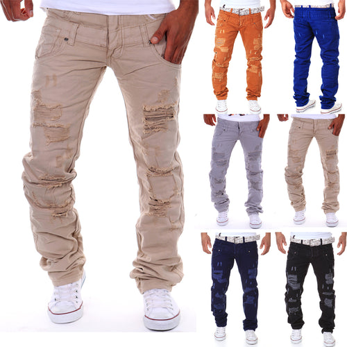 Men Spring and summer double waist hole broken leisure trousers
