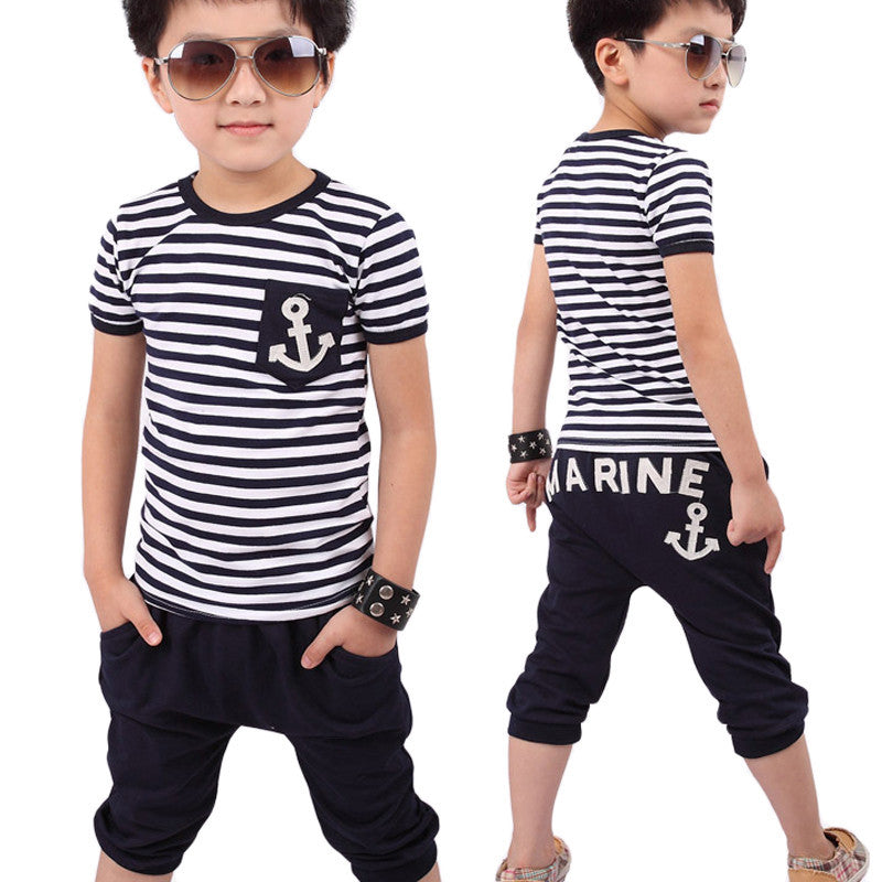 Boy Navy Striped T-shirt And Pants Suits