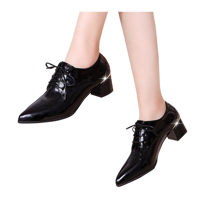 Women Pumps Pointed Toe PU Leather Fashion Lace -up Shoes