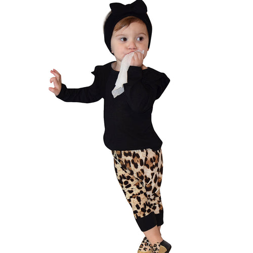 Girl Unisex Leopard Print O-Neck Long Sleeve Tops+Pants Outfits Clothing