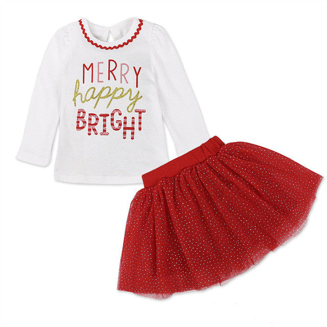 Girl Autumn Print Letter T shirt Tops Princess Red Mesh Skirt Dress