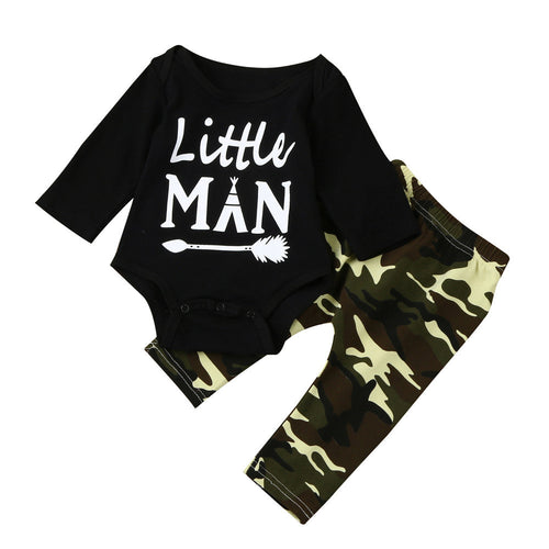 Boy Autumn Little Man Print Long Sleeve Romper Tops+Pant Trouser Set