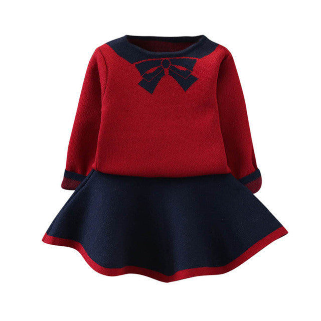 Girl top long sleeve bowknot knitted sweater+skirts kids clothes