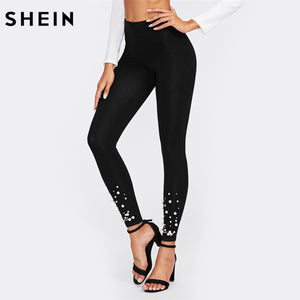 Women Pearl and Rhinestone Embellished Leggings