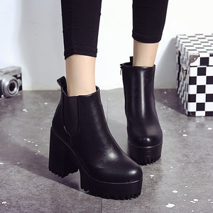 Women Square Heel Platforms Leather Boots