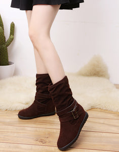 Womens Low Wedge Buckle Biker Ankle Boots