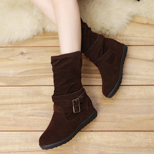 Womens Low Wedge Buckle Biker Ankle Boots