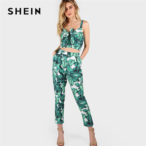 Women Front Tie Leaf Print Crop and Matching Pants Set