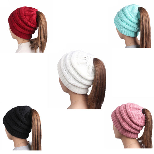 Women Ponytail Cap Warm Soft Stretchy Beanie Knitted Hat