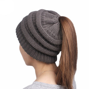 Women Ponytail Cap Warm Soft Stretchy Beanie Knitted Hat