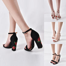 Women Suede Rose Embroidery With Crude High-heeled shoes Sandals