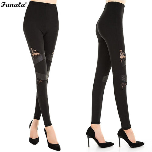 Women Fashion Leather Patchwork Lace Synthetic Pants