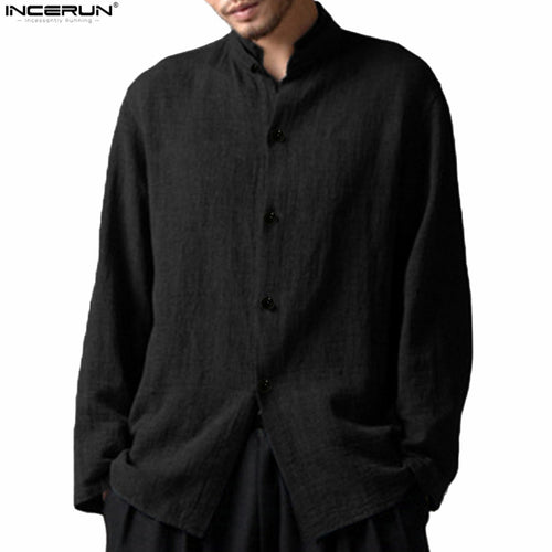 Men Cotton Linen Stand Collar With Chinese ButtonTee Tops