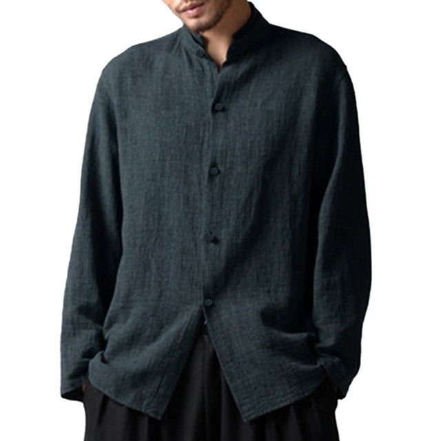 Men Cotton Linen Stand Collar With Chinese ButtonTee Tops