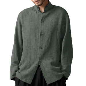 Men Cotton Linen Stand Collar With Chinese ButtonTee Tops