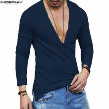 Men Casual Slim Fit Deep V Neck Solid Color Long Sleeve T-shirt