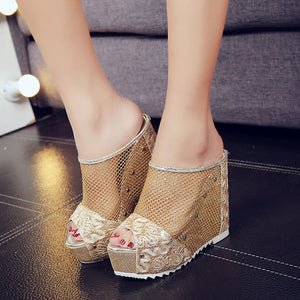 Women Flip Flops Hollow Wedge High Heel Shoes