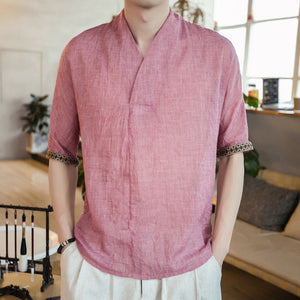 Men Solid Color Cotton Linen T Shirt