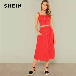 Women Red Elegant Button Up Crop Straps Cami Top And Flare Skirt