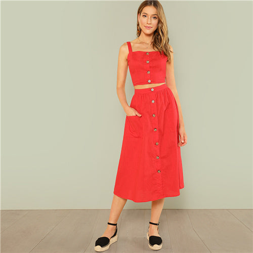 Women Red Elegant Button Up Crop Straps Cami Top And Flare Skirt
