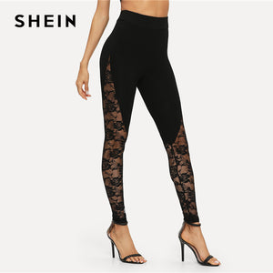 Women Black Sexy Elegant Sheer Floral Lace Insert Skinny Leggings