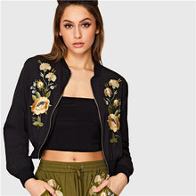 Women Streetwear Black Floral Embroidered Jacket