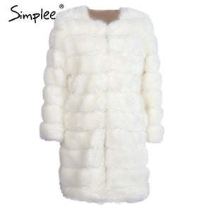 Women white O neck faux fur fluffy coat