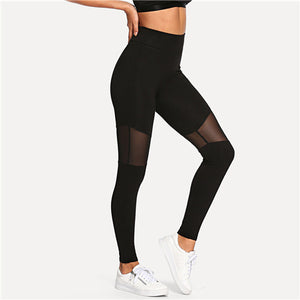 Fitness Black Sporting Casual Sexy Contrast Mesh Leggings