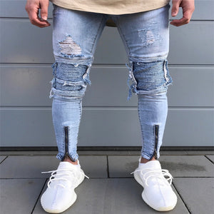 Men Pleated patchwork Straight Washed Denim jeans