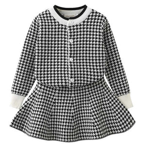 Girl Autumn Pink Houndstooth Knitted Suits Sets