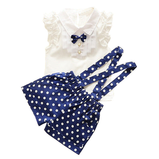 Girl Bow T-shirt+Strap Polka Dot Pants Sets