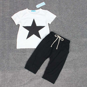 Boy & Girl Clothes Black Letter T-shirt+Imitation cowboy pants 2pcs suit