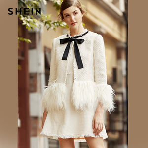Women White Elegant Office Lady Faux Fur Trim Blazers