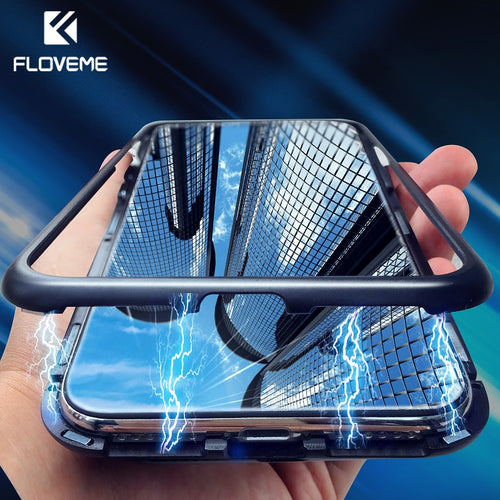 FLOVEME Magnetic Adsorption Phone Case For iPhone X 10 7 Metal Magnet Tempered Glass Cases For iPhone 8 7 Plus XS Max XR Cover
